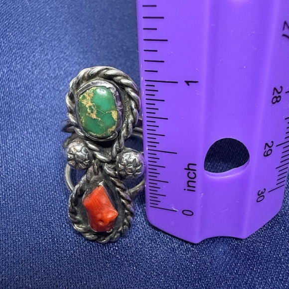 Vintage Turquoise, Coral, and Sterling Silver Ring - Picture 2 of 8